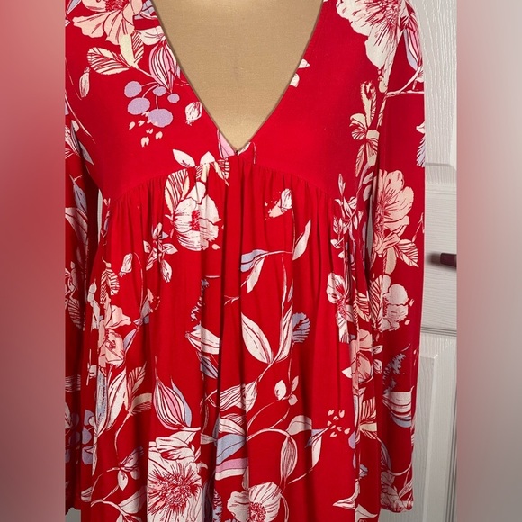 Free People ♥️ Bella Floral Print V-Neck Tunic Dress Red Boho Size Small - Picture 8 of 9